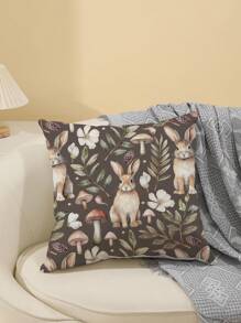 Pati Paints Fairycore 1pc Rabbit & Mushroom Print Cushion Cover Without Filler,Boho Washable Decorative Square Pillowcase - Multicolor - View 4