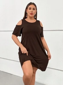 SHEIN LUNE 大碼挖肩T恤洋裝 - 棕色 - 查看 1