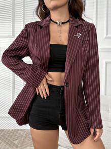 SHEIN Privé Striped Print Lapel Neck Blazer - Coffee Brown - View 6