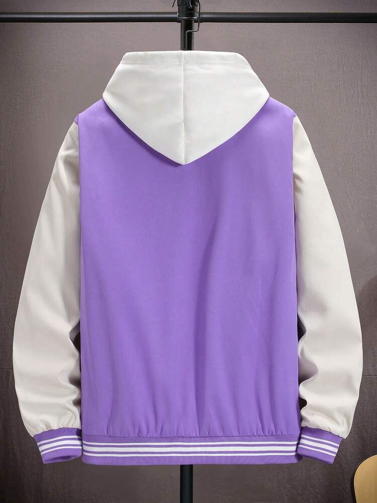 Men Letter Pattern Striped Trim Colorblock Jacket Without Hoodie