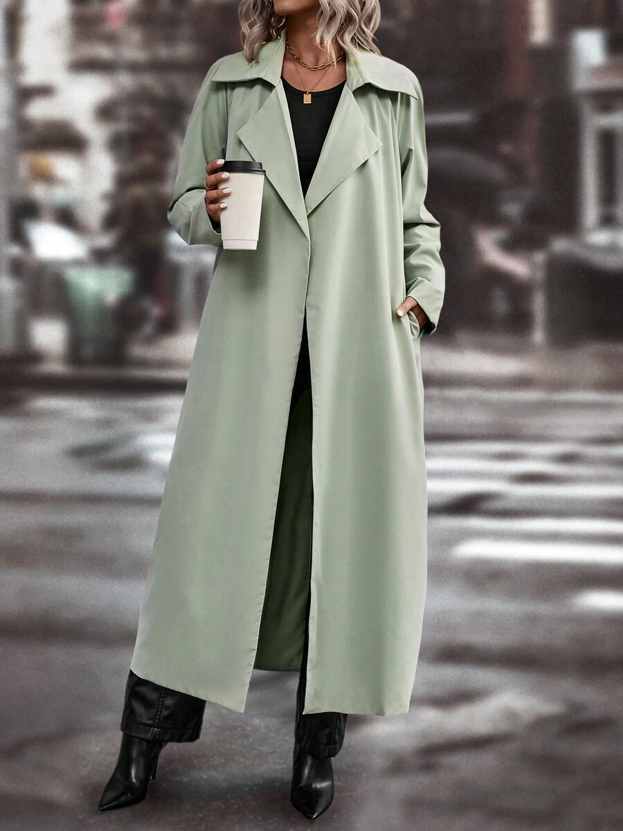 SHEIN LUNE Lapel Neck Slant Pocket Belted Trench Coat - Mint Green - View 1