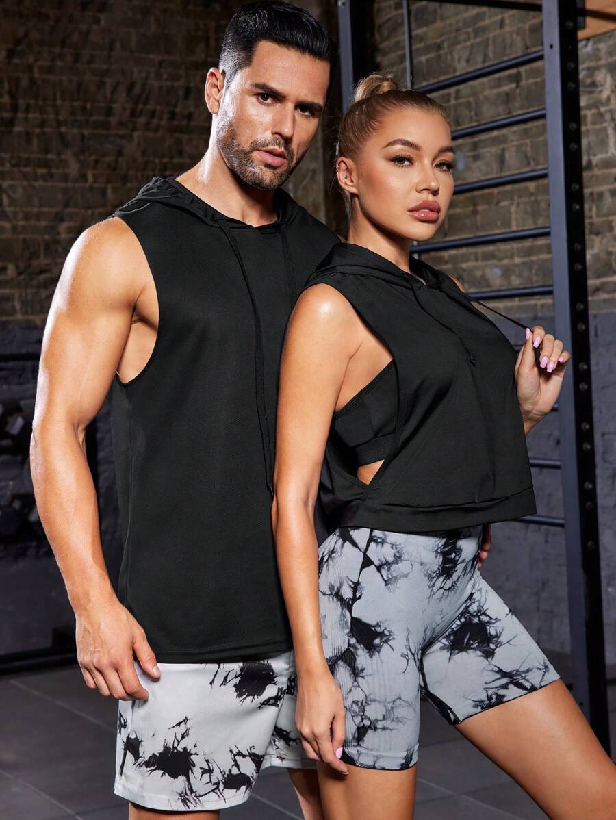 Manfinity Sport Corelite 男士純色抽繩連帽運動背心 - 黑色 - 查看 1