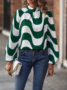 SHEIN Clasi Áo kiểu tay phồng in họa tiết sóng sọc cổ lồng - màu xanh lá - Xem 3