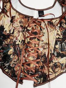 Women Square Neck Sexy Floral Print Metal Eyelet Tie Knot Tank Top New Year Party Valentine Day Holiday Top Corset Top St Patrick Day - Black - View 4