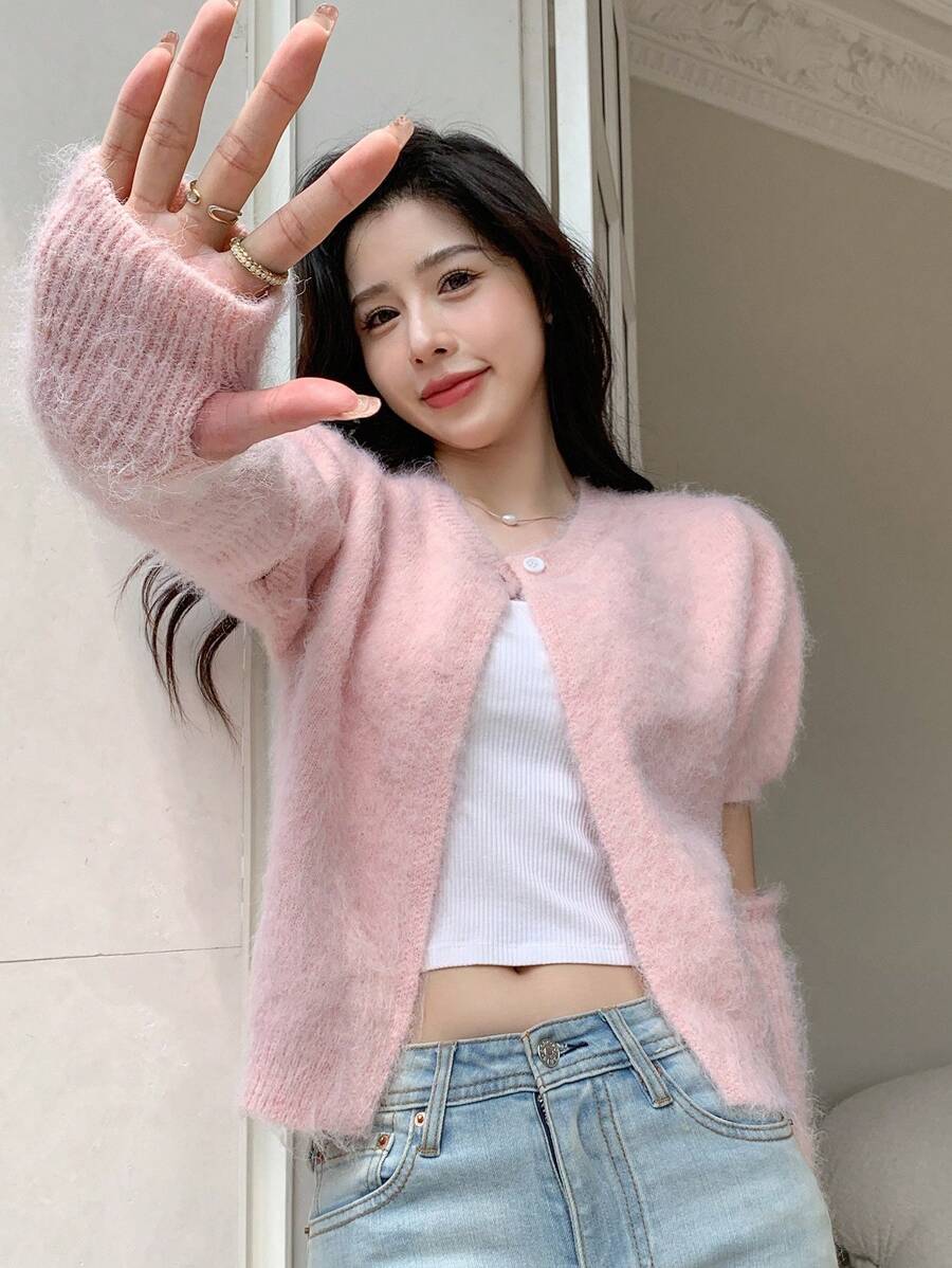 DAZY Áo len lông xù có nút phía trước có tay áo - Hồng - Xem 1