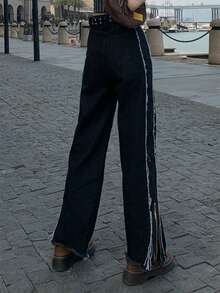 女性直筒通勤休閒歐美街頭風復古洗水長褲 - 黑色 - 查看 2