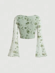 SHEIN MOD Floral Print Tie Front Flare Sleeve Crop Top - Green - View 2