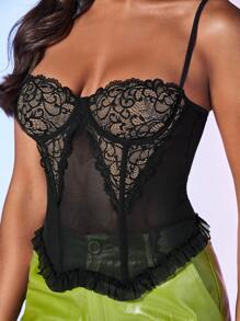 SHEIN BAE 拼接蕾絲網紗吊帶上衣 - 黑色 - 查看 5