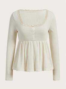 ROMWE Kawaii Lace Trim Button Front Peplum Tee - Beige - View 1