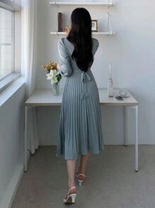 DAZY Chất rắn Viền xếp Váy chữ A - Màu xanh lam - Xem 2