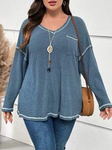 EMERY ROSE Cộng với áo thun trễ vai có đường may hàng đầu - Màu xanh lam - Xem 1