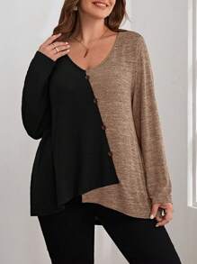 Plus Two Tone Button Front Tee - Khaki - View 5