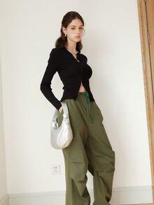 Zip Up Ribbed Knit Cardigan - Black - View 4