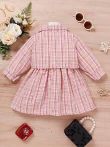 SHEIN Baby Mock Neck Plaid Tweed Dress & Flap Detail Jacket - Multicolor - View 2