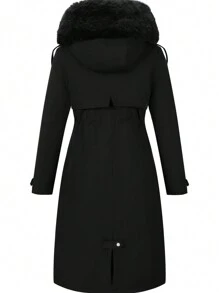 Risissida Women's Long Coat For Autumn/Winter - Faux Fur Collar, Adjustable Waist Belt, Fashionable For Commuting - Black - View 4