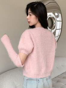 DAZY Áo len lông xù có nút phía trước có tay áo - Hồng - Xem 2