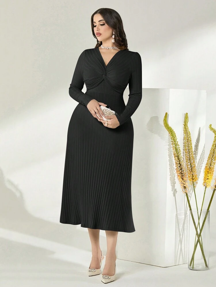 Twist Front Ribbed Knit Dress Long Evening Dresses