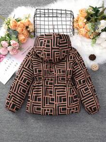 SHEIN Tween Girl 1 件装全身印花抽绳腰带连帽棉服外套 - 卡其色 - 查看 2