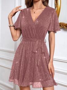 SHEIN Privé Váy lấp lánh thắt lưng cổ Surplice - Bụi hồng - Xem 1
