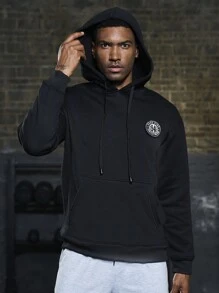 Manfinity Sport Corelite Áo nỉ thể thao nam kiểu bạn trai, in chữ, có túi kangaroo và dây rút. - màu đen - Xem 3