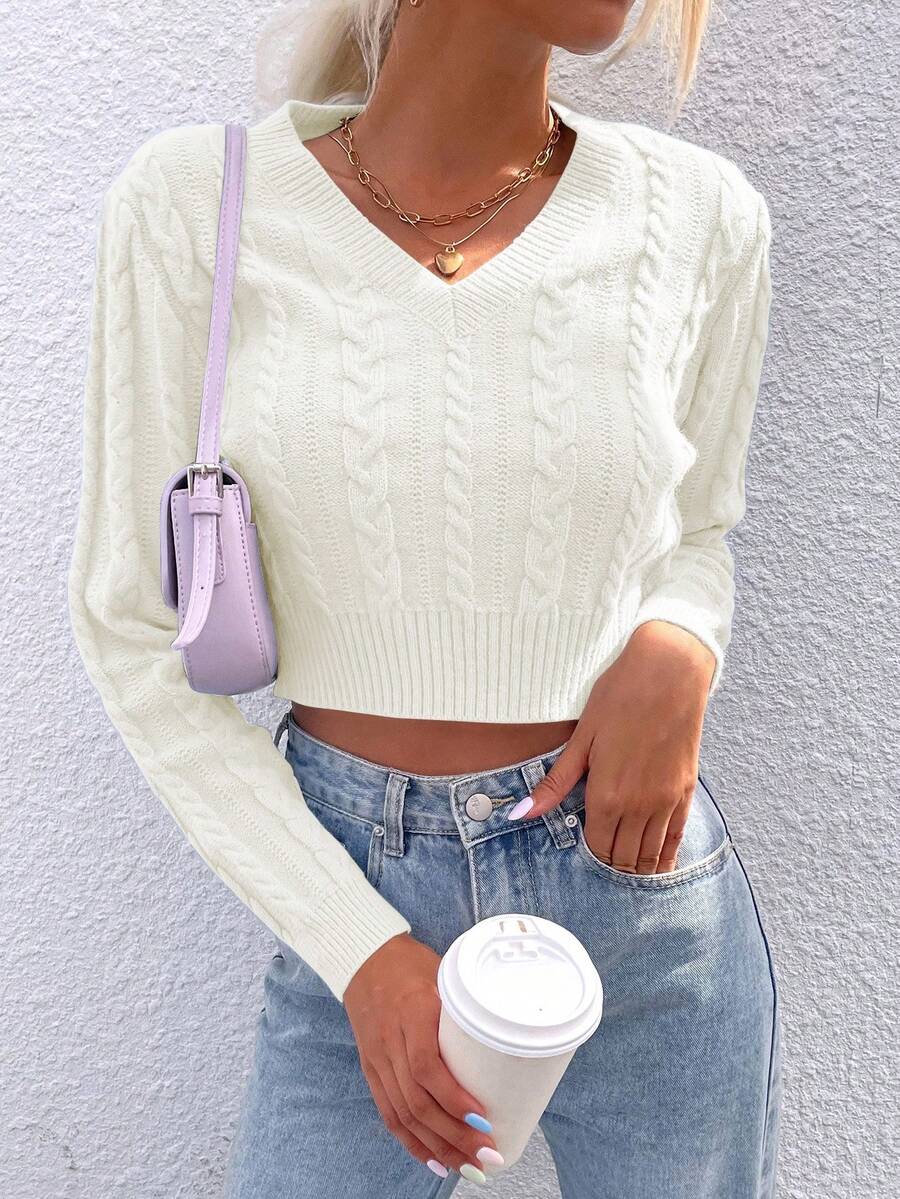 SHEIN LUNE Jersey crop unicolor tejido de cable - Beis - Ver 1
