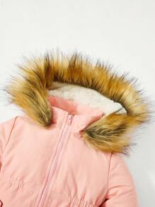 Baby Girl Fuzzy Trim Hooded Thermal Coat - Pink - View 5