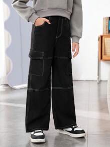 Tween Girls' Woven Solid Color Wide Leg Pants With Loose Fit And Double Patch Pockets - Black - View 3