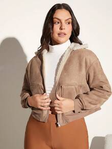 SHEIN BASICS Plus Zip Up Teddy Lined Jacket - Khaki - View 4