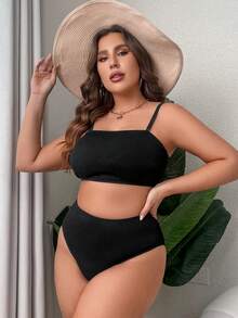 SHEIN Swim Curve Plus Solid Bandeau Bikini Set - Black - View 6