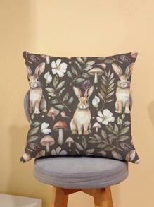 Pati Paints Fairycore 1pc Rabbit & Mushroom Print Cushion Cover Without Filler,Boho Washable Decorative Square Pillowcase - Multicolor - View 3