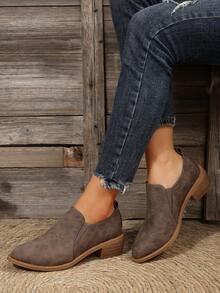 女式時尚尖頭粗跟/高跟短靴後拉鍊 - 咖啡棕 - 查看 2