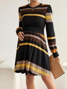 SHEIN Maternity Striped Print A-line Dress - Coffee Brown - View 5