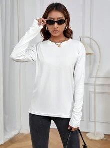 INAWLY Solid Drop Shoulder Tee Fall Cloth For Women - White - View 6