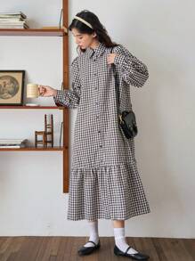 FRIFUL Váy sơ mi viền bèo in họa tiết Gingham - Nhiều màu - Xem 6