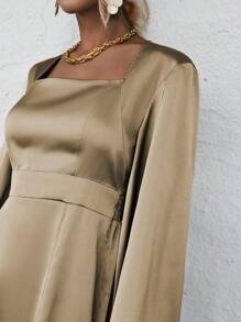 SHEIN Clasi Square Neck Lantern Sleeve Split Thigh Satin Dress - Khaki - View 3