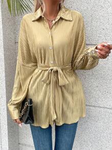 SHEIN Essnce 落肩袖腰帶襯衫 - 香檳色 - 查看 4