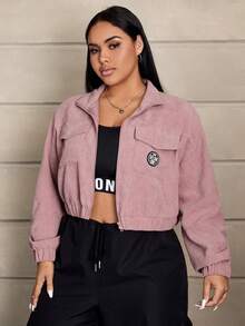 SHEIN EZwear Plus Letter Patched Detail Flap Pocket Drop Shoulder Crop Corduroy Jacket - Pink - View 4