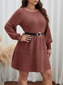 SHEIN Frenchy Plus Lantern Sleeve Sweater Dress Without Belt In Fall/Winter - Redwood - View 3