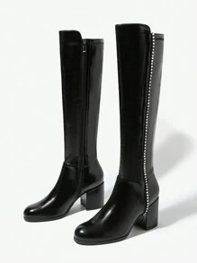 Women's Fashionable Black Rhinestone Decor Chunky Heel High-knee Boots With Side Zipper - Black - View 1