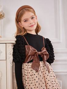 SHEIN Tween Girl Polka Dot Print Bow Front 2 In 1 Dress - Black - View 4