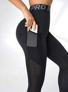 Gameset SHEIN Sport Đồ họa Chữ cái Chèn lưới Quần Xà cạp thể thao - màu đen - Xem 3