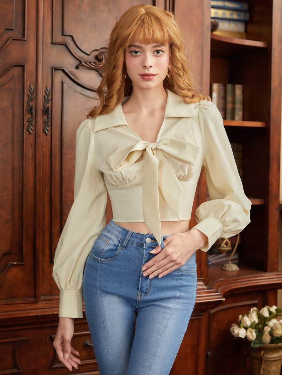 SHEIN MOD Tie Front Lantern Sleeve Knot Front Crop Blouse - Apricot - View 1