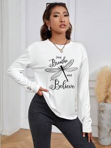 INAWLY 蜻蜓和口号图案落肩 T 恤 图案 T 恤 女式上衣 - 白色 - 查看 7