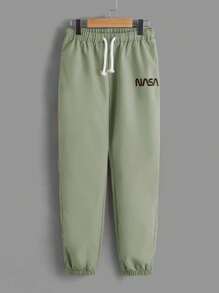 SHEIN Tween Boy Slogan Graphic Pullover & Drawstring Waist Pants - Mint Green - View 6