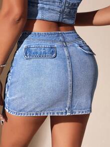 SHEIN BAE 翻蓋口袋帶扣細節牛仔半身裙 - 藍色 - 查看 2