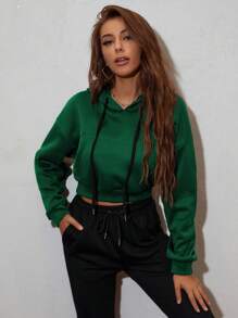 StreetHx Drop Shoulder Drawstring Crop Hoodie - Dark Green - View 5