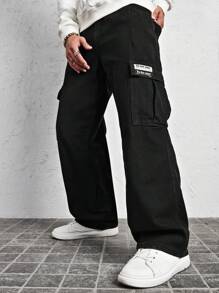Claim Dot 男式字母贴片细节翻盖口袋侧牛仔裤，纯色长款宽松工装裤，纯黑色水洗工装裤，适合丈夫、男友礼物，垃圾摇滚 - 黑色 - 查看 5