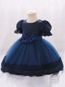 SHEIN Young Girl Contrast Lace Bow Front Puff Sleeve Mesh Overlay Party Dress - Navy Blue - View 8