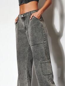 SHEIN BAE Túi vá Bên Quần jean - Xám - Xem 5