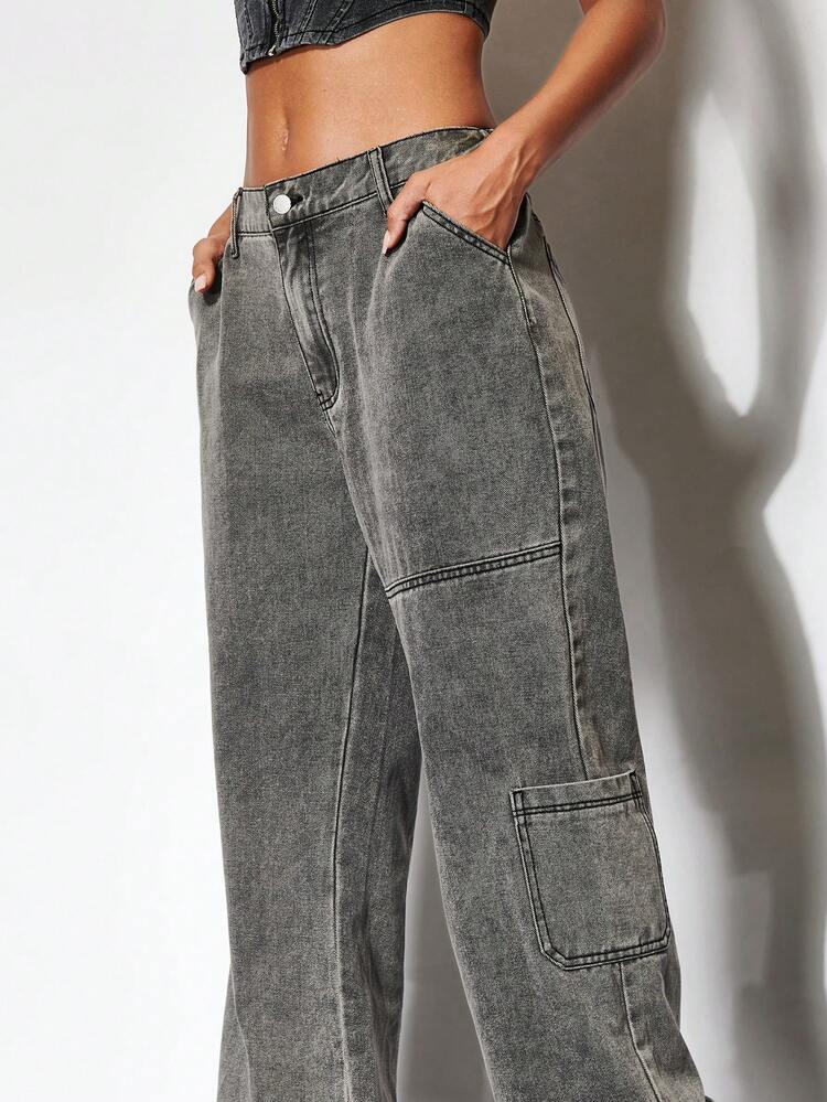 SHEIN BAE Túi vá Bên Quần jean - Xám - Xem 5